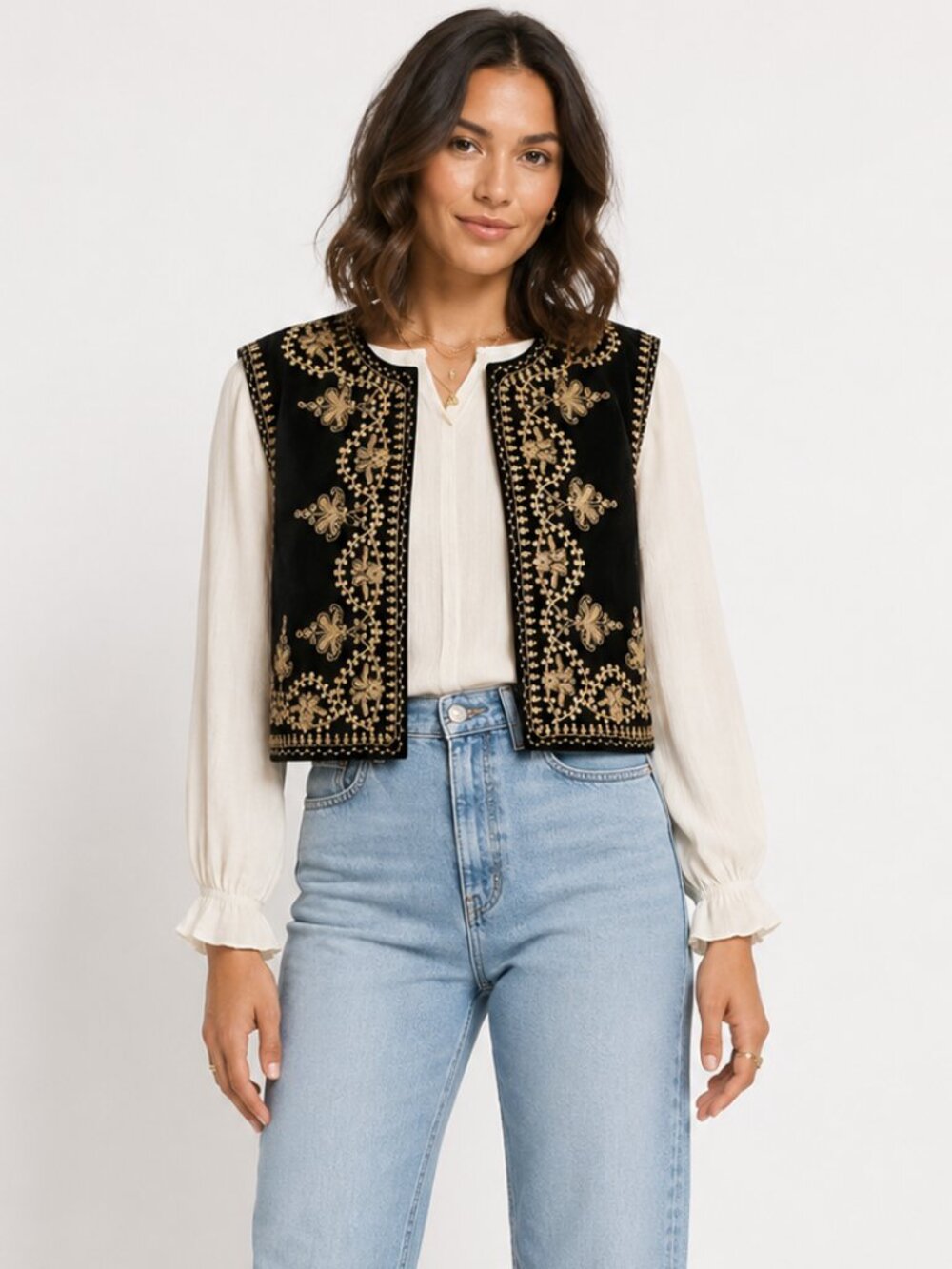 Zara The Daisy Velvet Embroidered Cropped Vest Open Front Boho Size Large - Picture 10 of 10